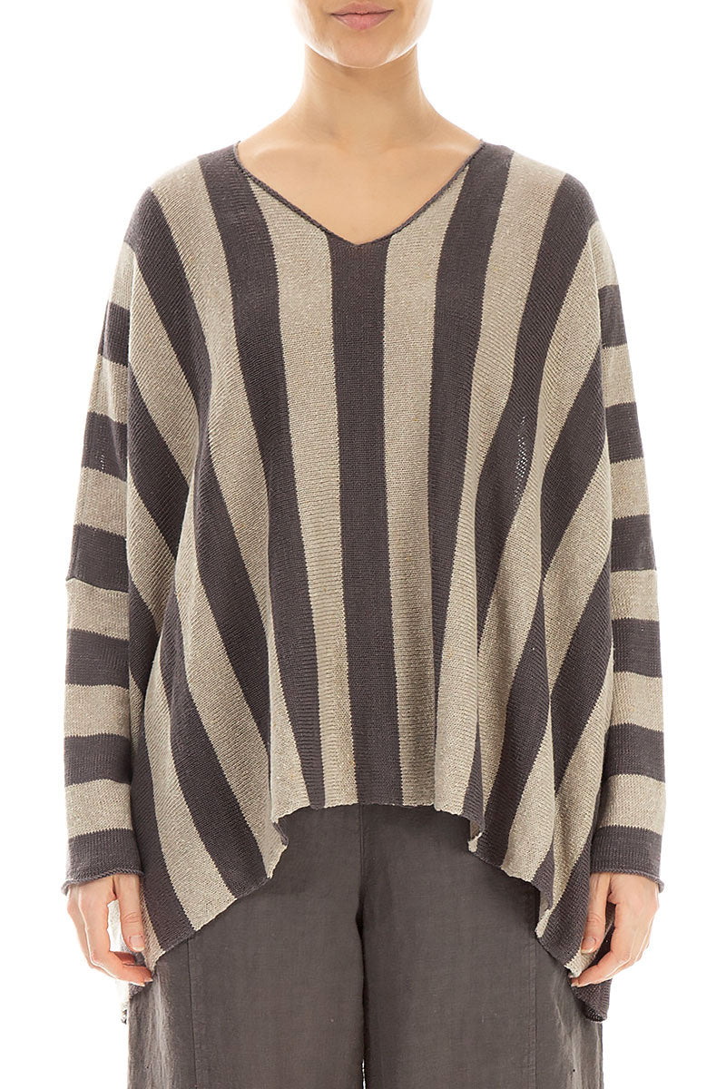 Loose V-Neck Striped Brown Linen Jumper 1