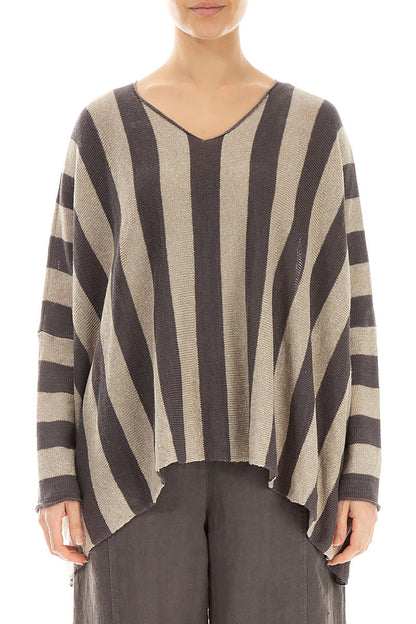 Loose V-Neck Striped Brown Linen Jumper 1