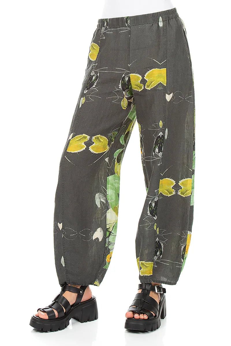 Taper Long Waterlilies Linen Trousers 3