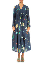 Front Tucks FairyTale Print Silk Bamboo Dress 1