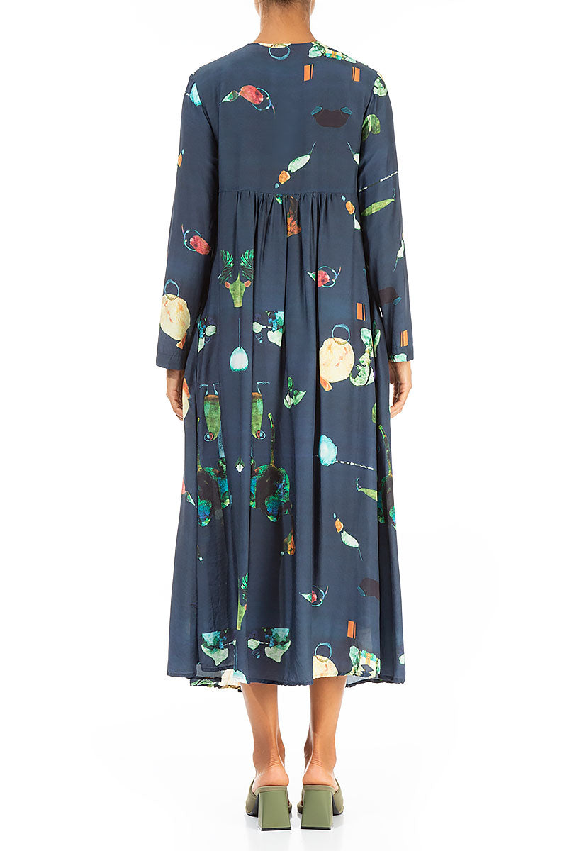 Front Tucks FairyTale Print Silk Bamboo Dress 2