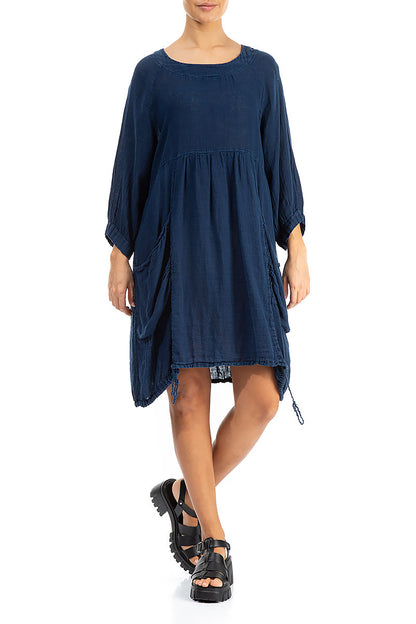 Side Pockets Navy Gauze Linen Tunic Dress 3
