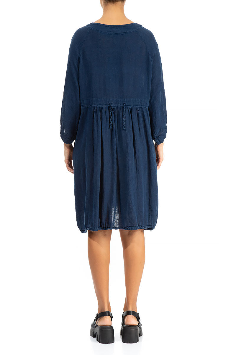 Side Pockets Navy Gauze Linen Tunic Dress 2