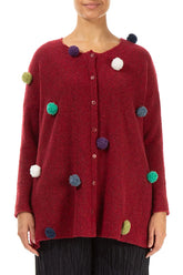 Pom-Pom Ruby Red Wool Cardigan 1