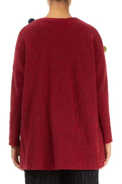 Pom-Pom Ruby Red Wool Cardigan 2