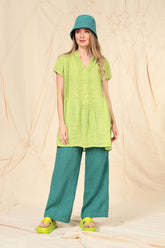 Pin-Tucked Lime Gauze Linen Tunic 6