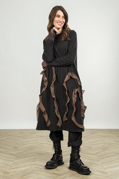 Cascading Waves Truffle Brown Wavy Cotton Dress