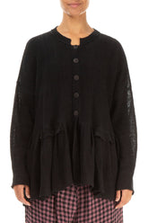 Frilled Hem Black Linen Cardigan 1