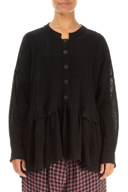 Frilled Hem Black Linen Cardigan 1