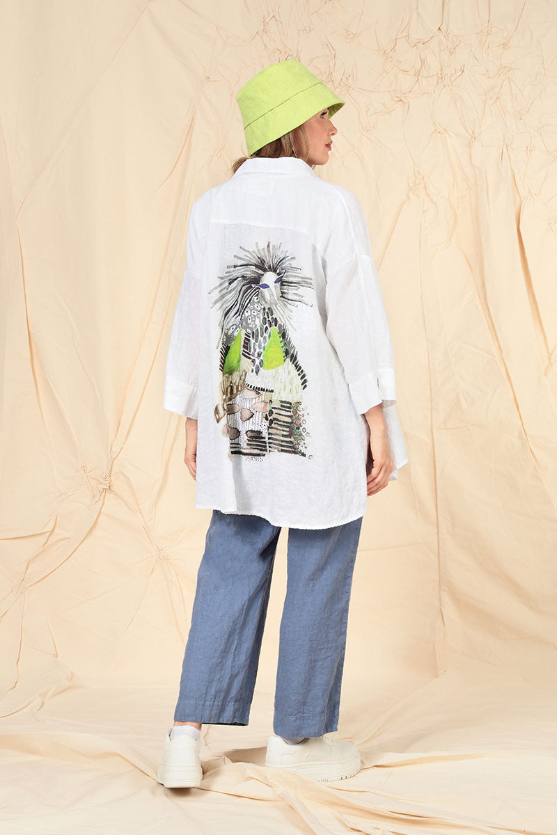 Loose Artique Back White Linen Shirt 5