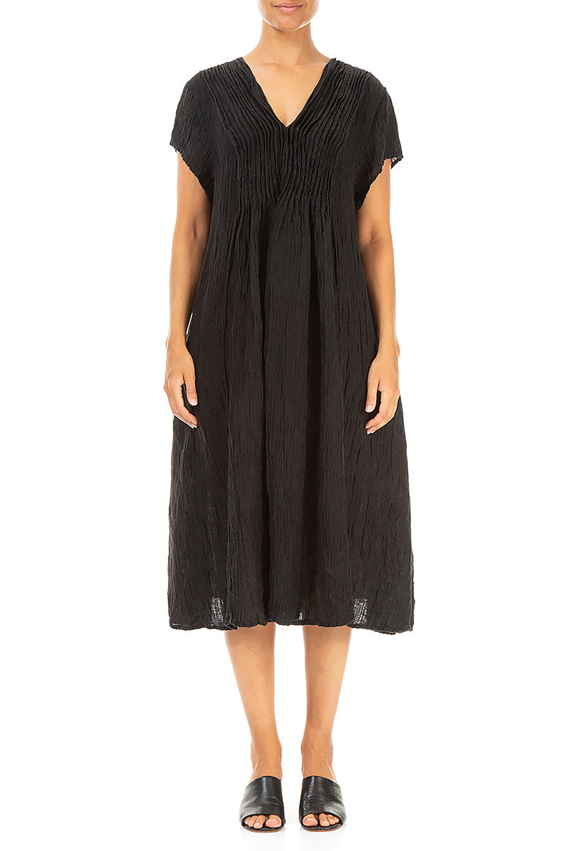 Romantic Crinkled Black Silk Midi Dress 1