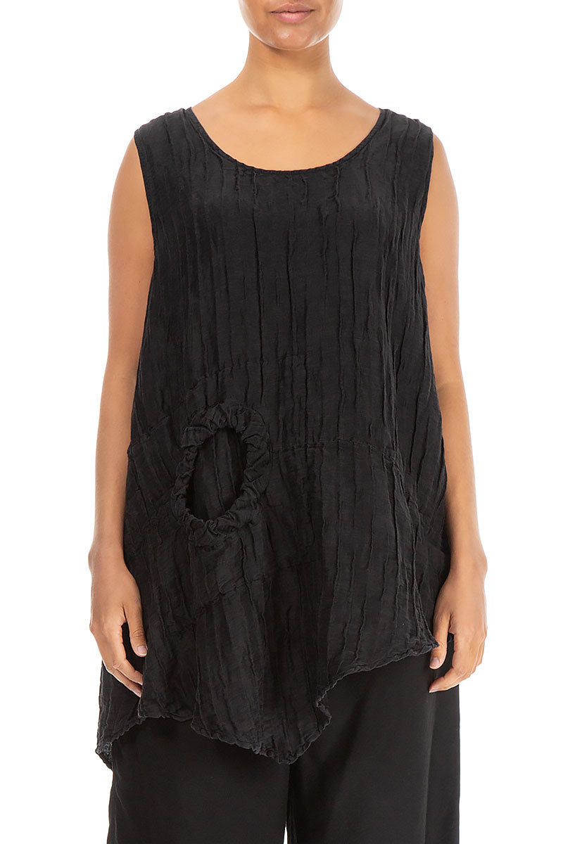 Sleeveless Crinkled Black Silk Tunic 1