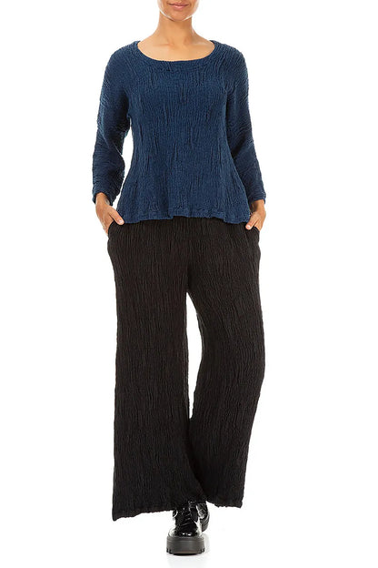 Wide Black Textured Silk Linen Trousers