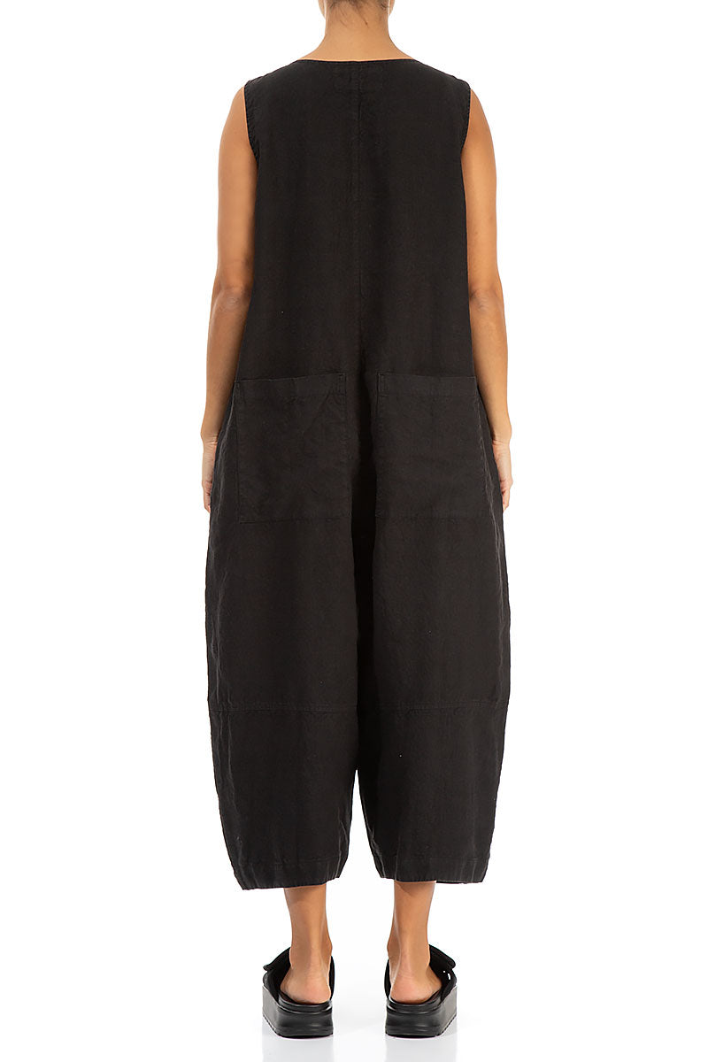 Loose Back Pockets Black Linen Jumpsuit 2