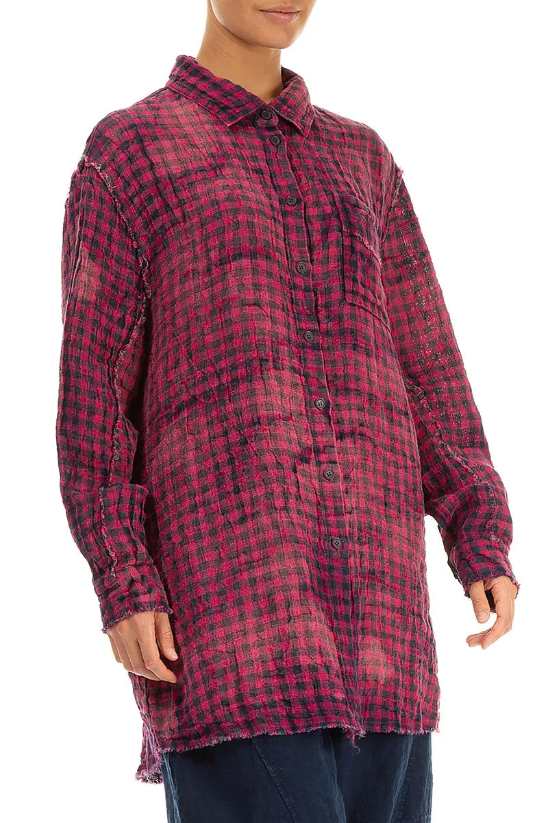 Magenta Watercolour Check Linen Shirt 3
