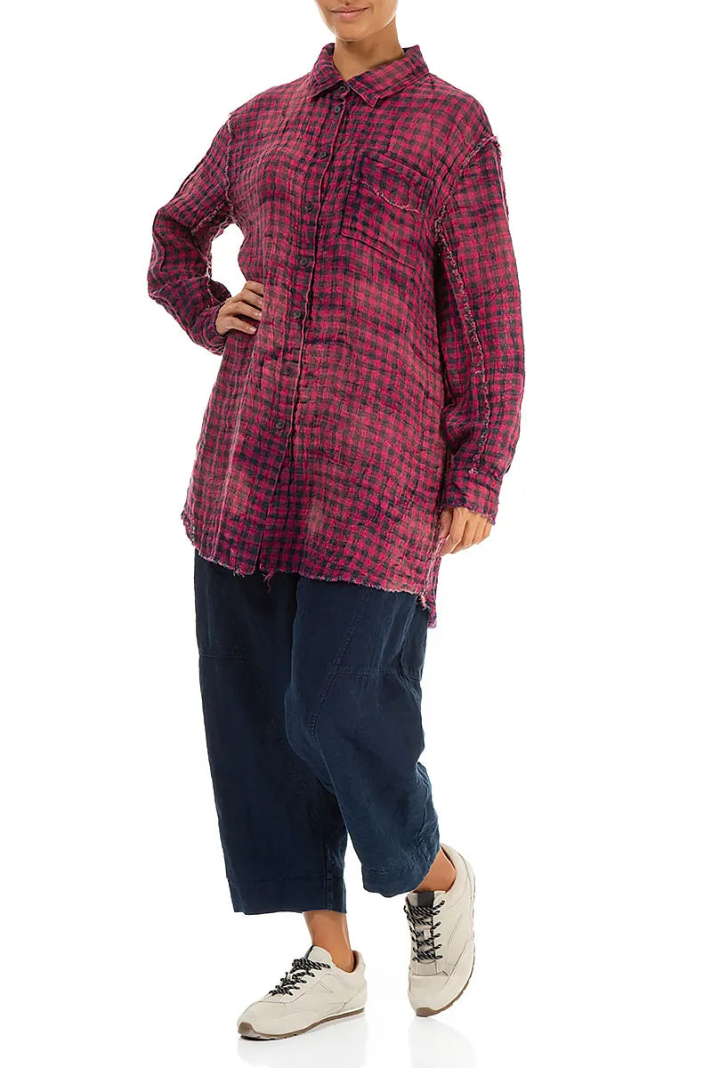 Magenta Watercolour Check Linen Shirt 4