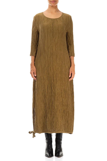 Maxi Balloon Crinkled Gold Khaki Silk Linen Dress