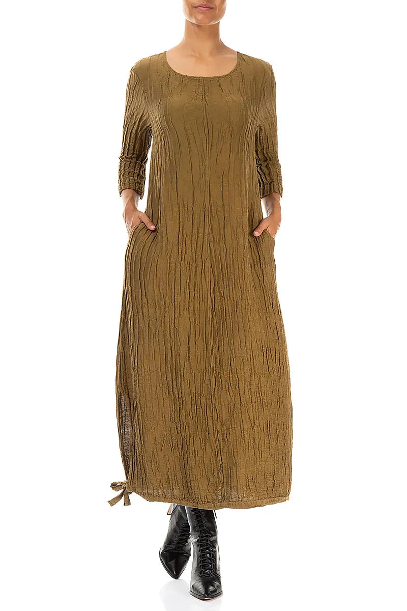 Maxi Balloon Crinkled Gold Khaki Silk Linen Dress