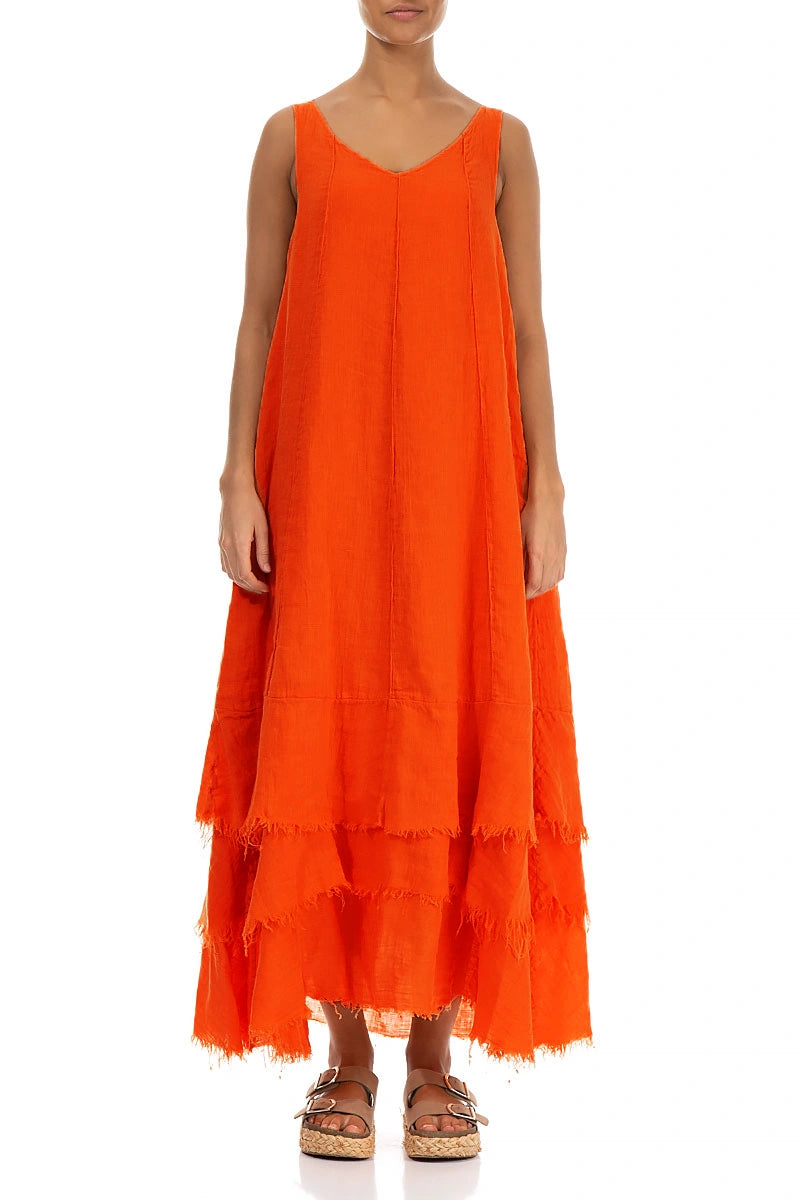 Maxi-Kleid aus Leinen und Gaze in Flammenorange