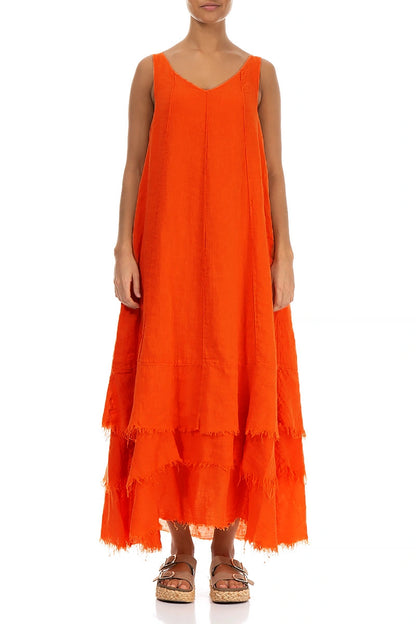 Maxi-Kleid aus Leinen und Gaze in Flammenorange