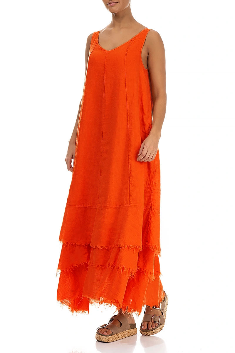 Maxi-Kleid aus Leinen und Gaze in Flammenorange
