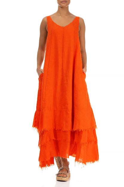 Maxi-Kleid aus Leinen und Gaze in Flammenorange