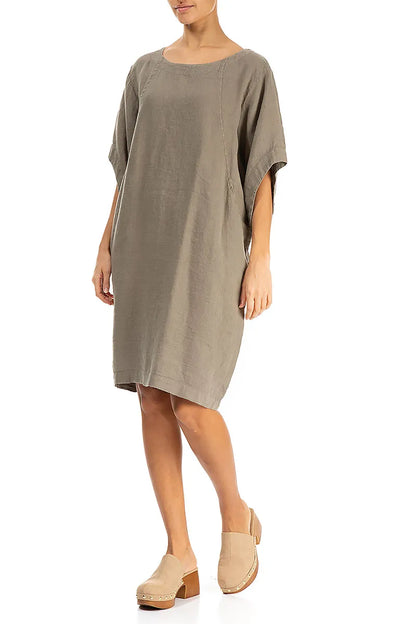 Midilangärmeliges Leinenkleid in Khaki