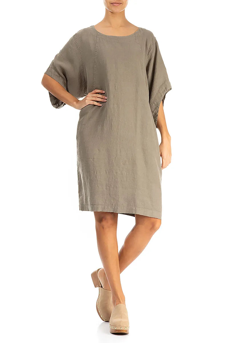 Midilangärmeliges Leinenkleid in Khaki