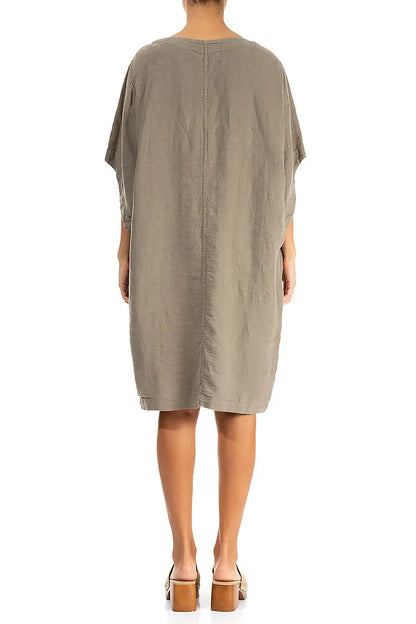 Midilangärmeliges Leinenkleid in Khaki