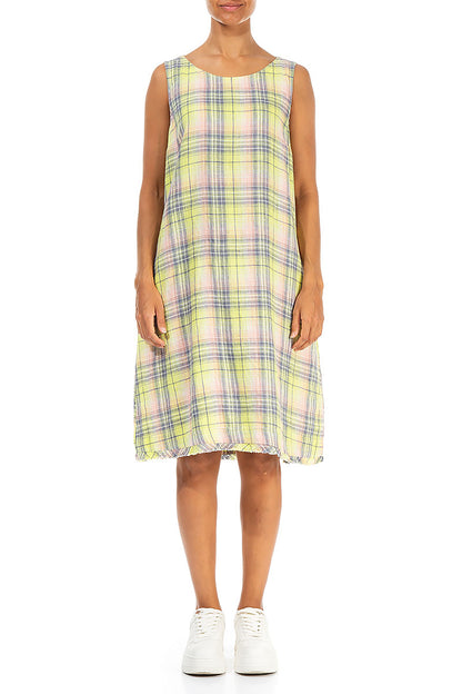 Sleeveless Checkered Lime Linen Dress 1