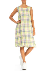 Sleeveless Checkered Lime Linen Dress 4