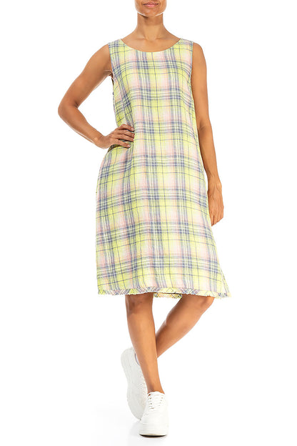 Sleeveless Checkered Lime Linen Dress 4