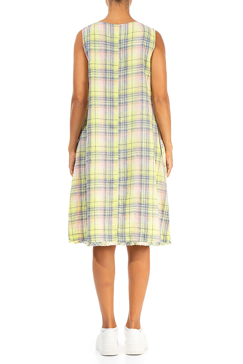 Sleeveless Checkered Lime Linen Dress 2