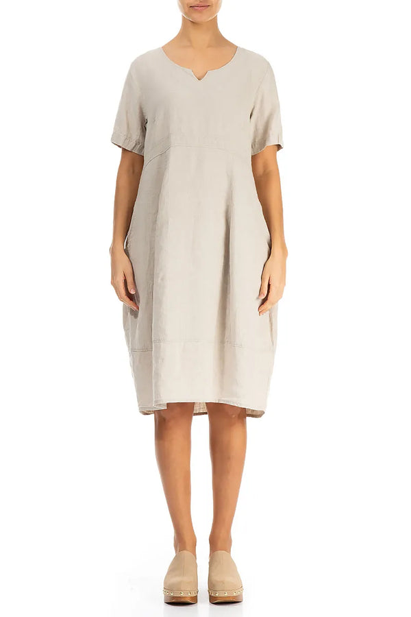 Midi V-Neck Natural Linen Dress