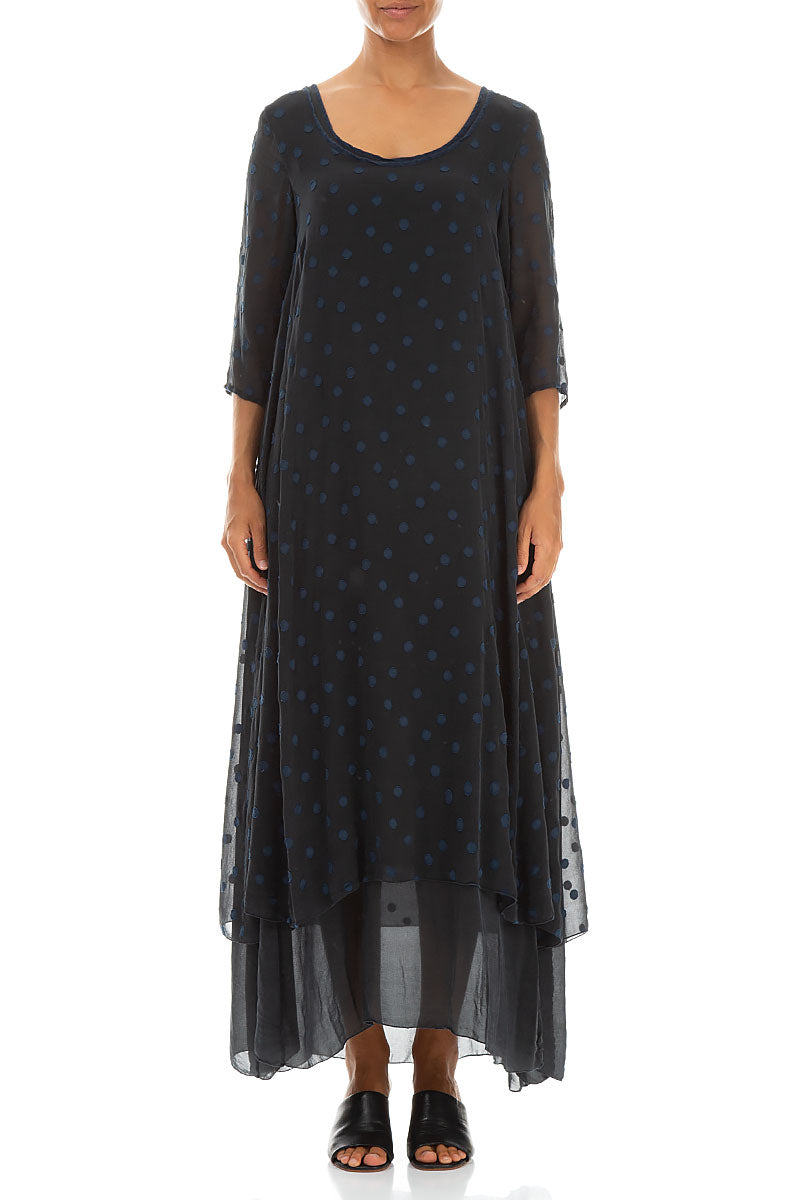 Midnight Blue Dotty Silk Maxi Dress 1