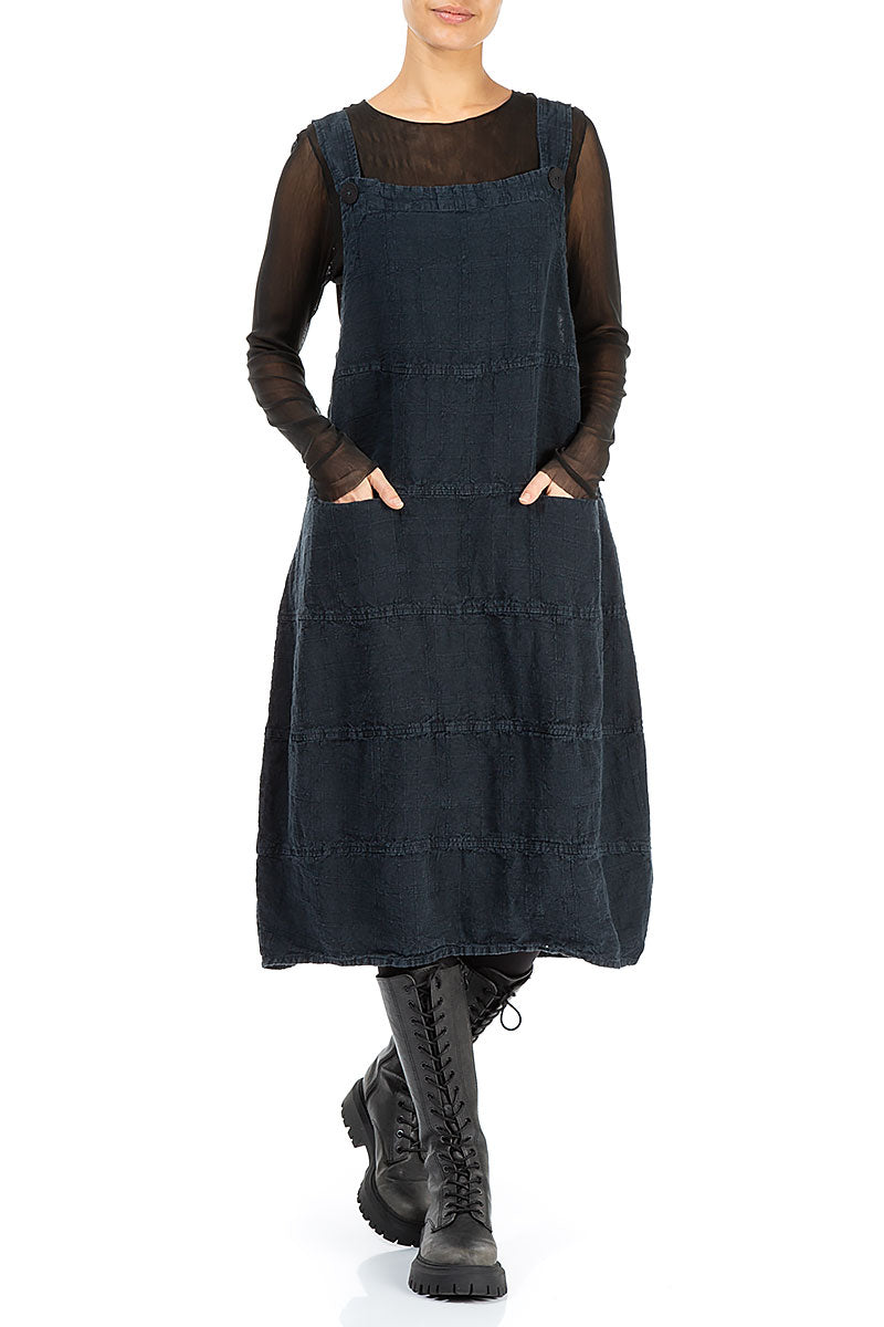 Midnight Blue Patterned Linen Pinafore Dress 4