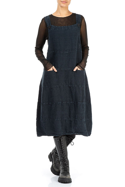 Midnight Blue Patterned Linen Pinafore Dress 4