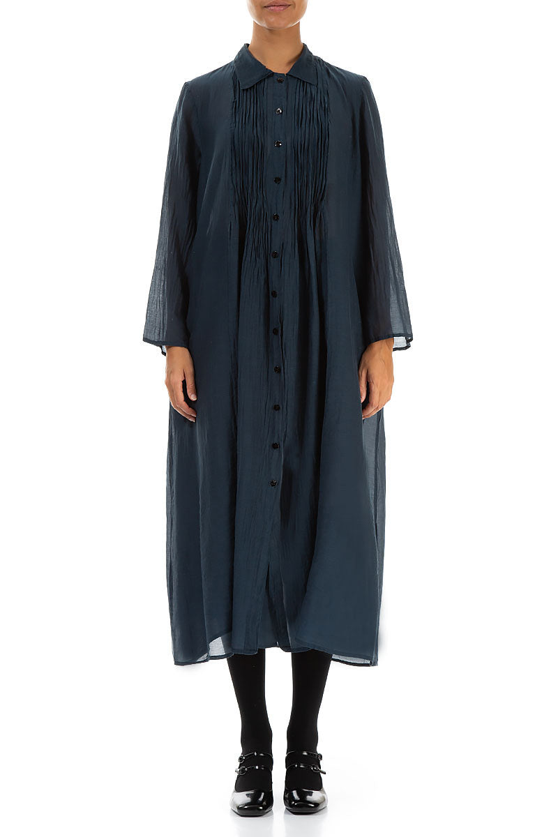 Midnight Blue Pintuck Silk Cotton Jacket Dress 1