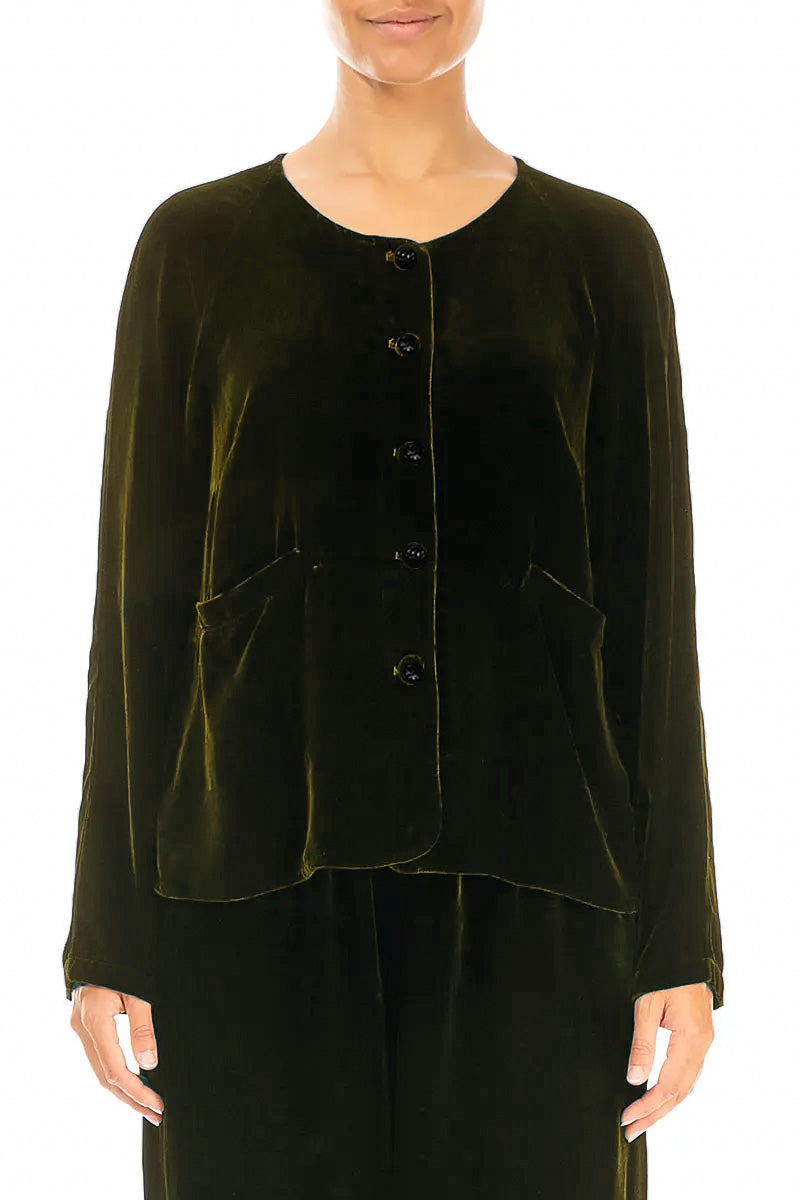 Minimal Button Forest Mist Silk Velvet Jacket
