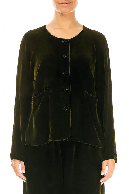 Minimal Button Forest Mist Silk Velvet Jacket