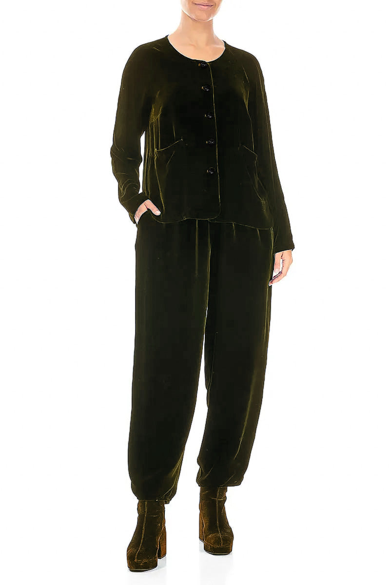 Minimal Button Forest Mist Silk Velvet Jacket