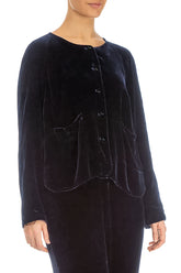 Minimal Button Slate Blue Silk Velvet Jacket 4