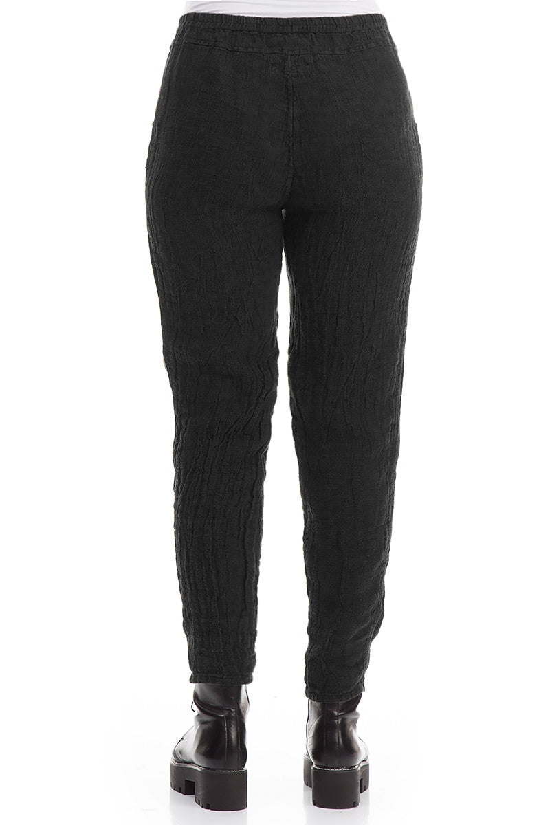 Narrow Black Mélange Linen Trousers
