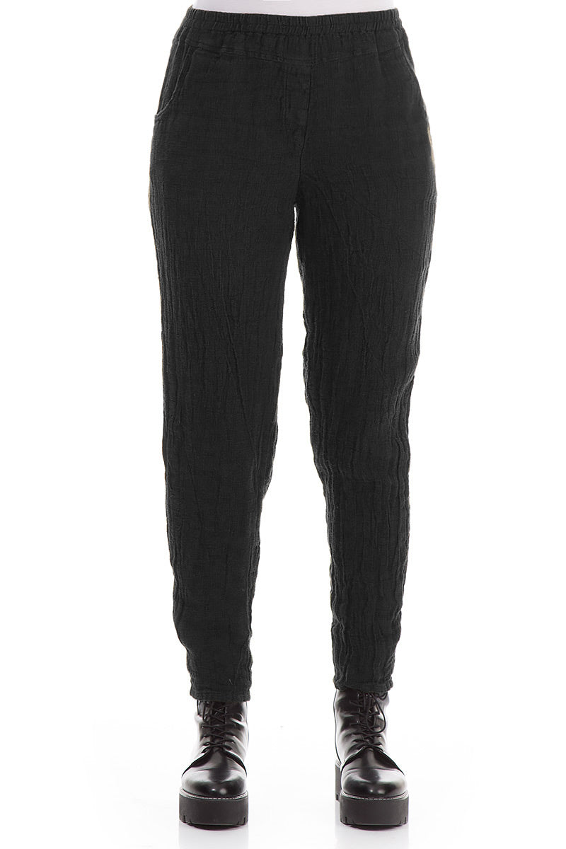 Narrow Black Mélange Linen Trousers