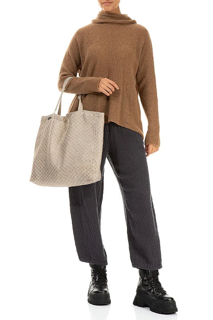 Sac cabas en lin à motif treillis naturel