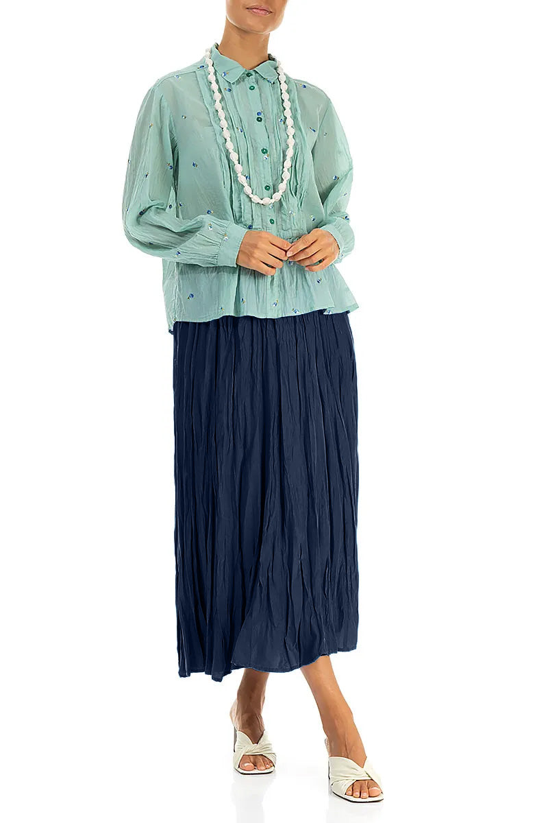 Navy Crumpled Pure Silk Skirt