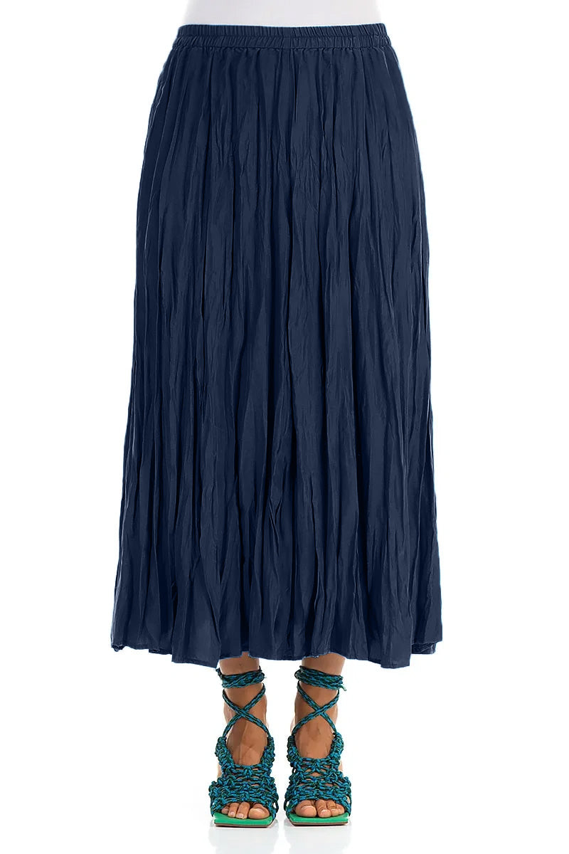 Navy Crumpled Pure Silk Skirt