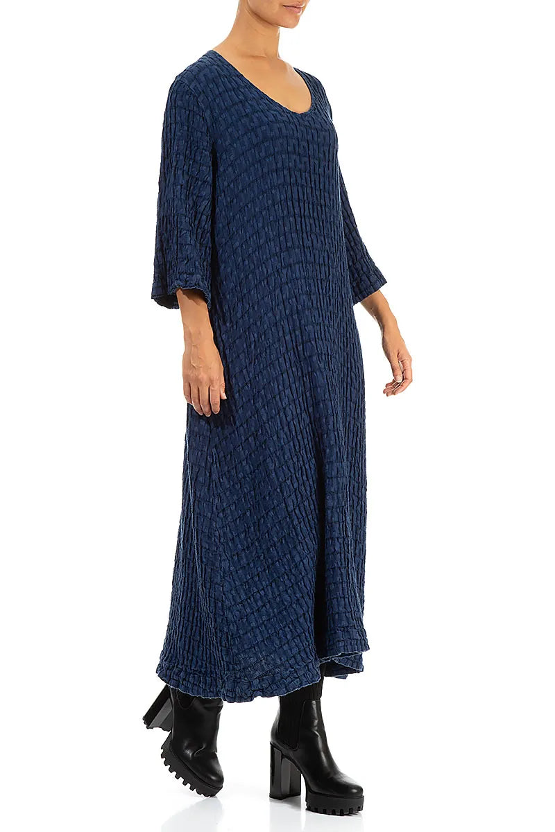 Navy Textured Linen Shift Dress 3
