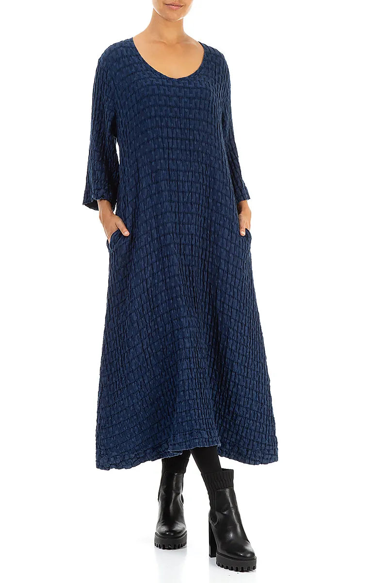 Navy Textured Linen Shift Dress 4