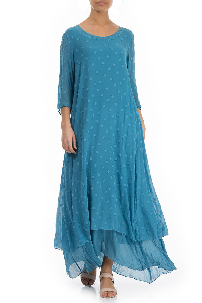 Ocean Blue Dotty Silk Maxi Dress 4